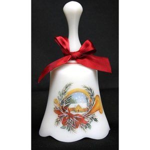 Vtg 90's Fenton Glass J. Cutshaw Custard Bell Hand Painted Signed Holiday Winter